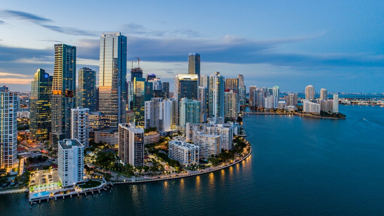 Aerial view of Brickell and Biscayne Bay, Miami, at sunset