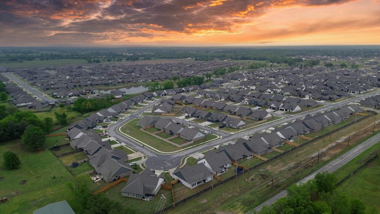Aerial view of a Florida residential neighborhood at sunset