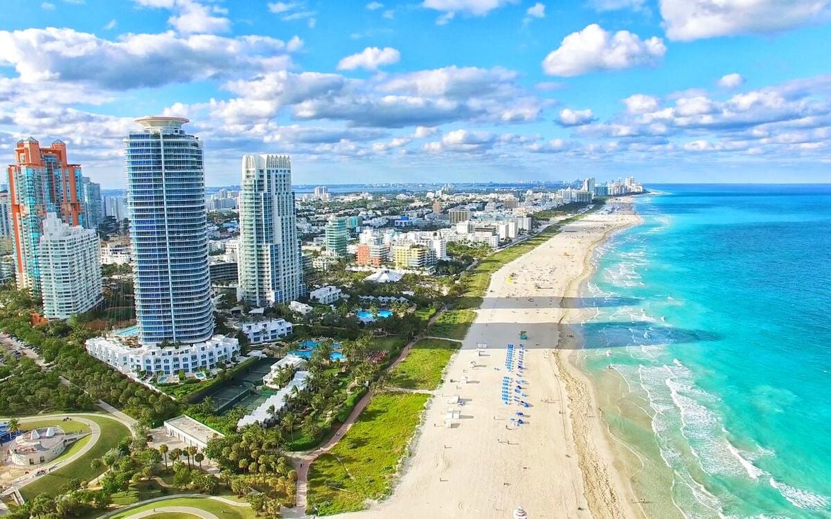 Aerial view of oceanfront buildings in Miami Beach